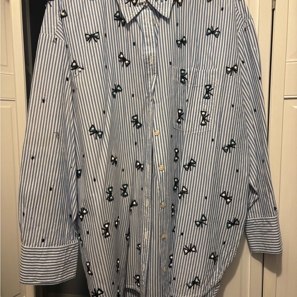 Anthropologie Blue Striped Button Down Shirt with Bow Pattern